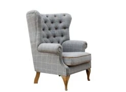 Vintage Grey Check Wing Chair In Tweed