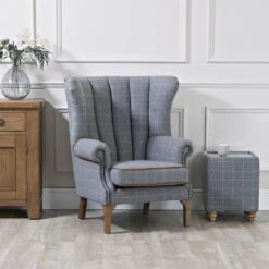 Vintage Grey Check Fluted Wing Chair In Tweed