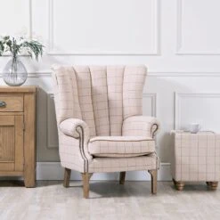 Vintage Natural Check Fluted Wing Chair In Tweed