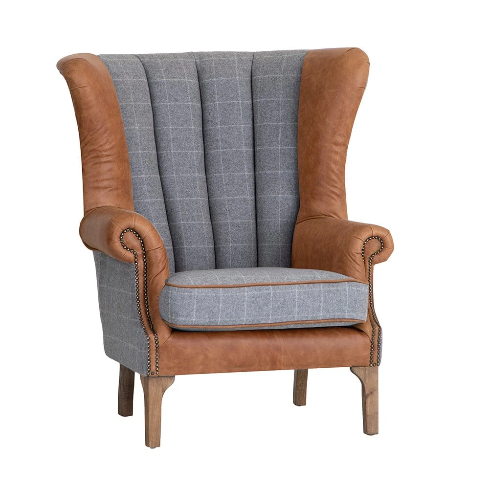 Vintage Grey Check Fluted Wing Chair In Leather And Tweed 4 Vintage Grey Check Fluted Wing Chair In Leather And Tweed - Image 2