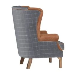 Vintage Grey Check Fluted Wing Chair In Leather And Tweed 12 Vintage Grey Check Fluted Wing Chair In Leather And Tweed -Furniture Sale Shop CH75 CG 2