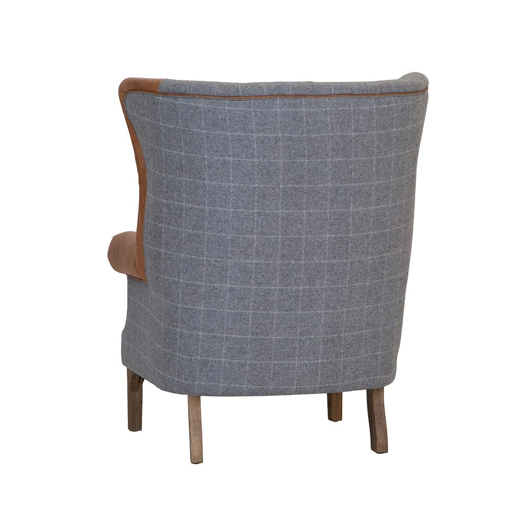 Vintage Grey Check Fluted Wing Chair In Leather And Tweed 8 Vintage Grey Check Fluted Wing Chair In Leather And Tweed - Image 6