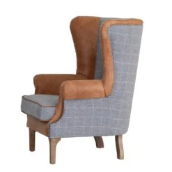 Vintage Grey Check Fluted Wing Chair In Leather And Tweed 10 Vintage Grey Check Fluted Wing Chair In Leather And Tweed -Furniture Sale Shop CH75 CG 4