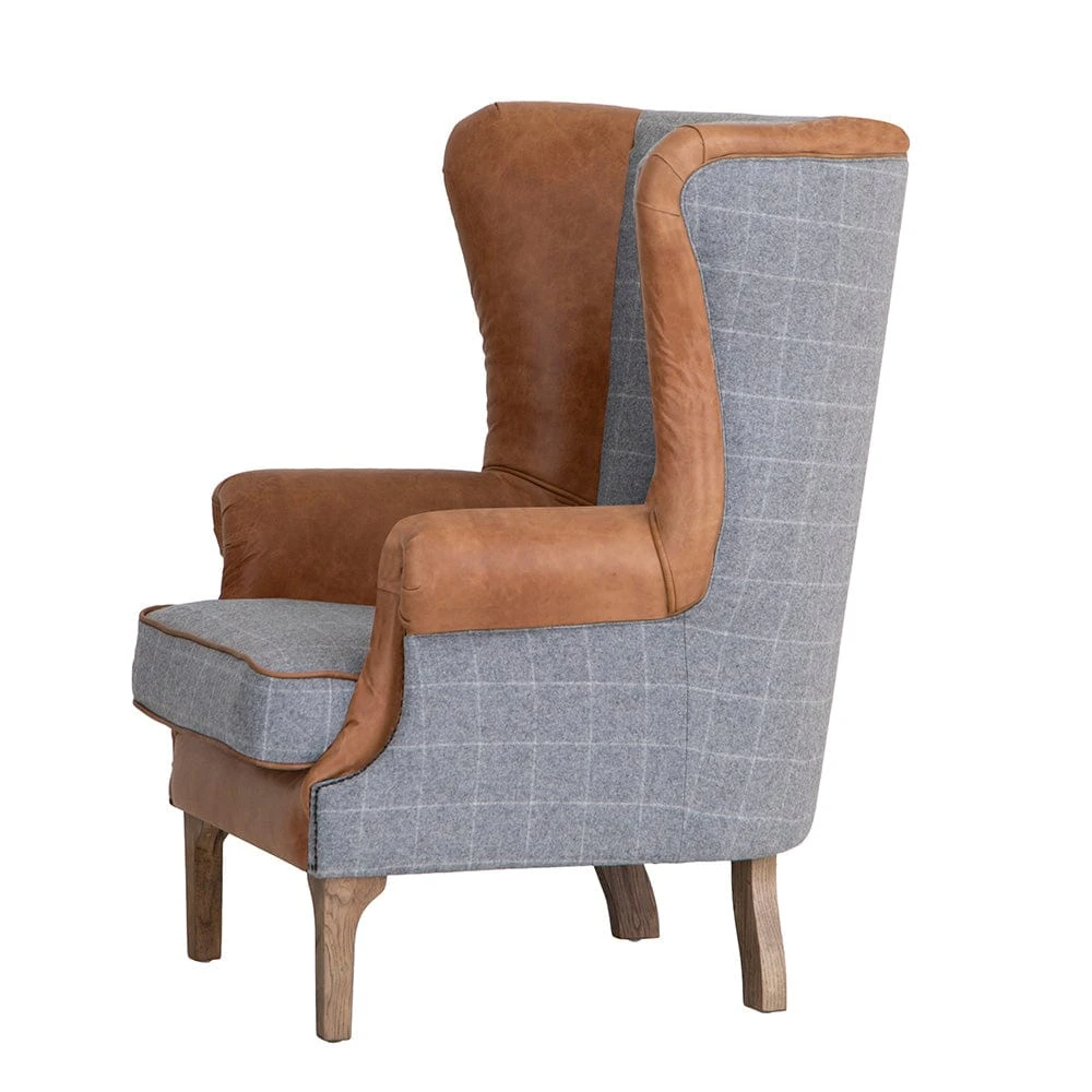 Vintage Grey Check Fluted Wing Chair In Leather And Tweed 5 Vintage Grey Check Fluted Wing Chair In Leather And Tweed - Image 3