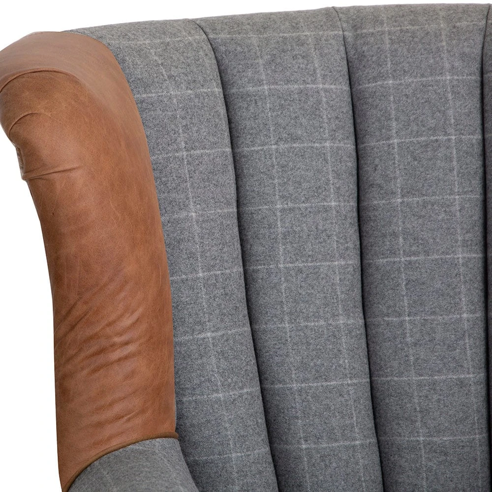 Vintage Grey Check Fluted Wing Chair In Leather And Tweed 6 Vintage Grey Check Fluted Wing Chair In Leather And Tweed - Image 4