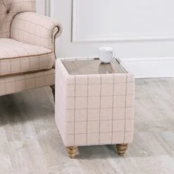 Vintage Natural Check End Table In Tweed With Glass Top