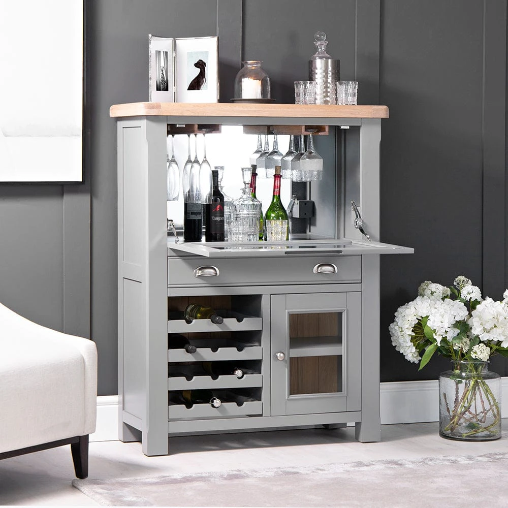 Dorset Storm Grey Painted Oak Drinks Cabinet With Wine Rack 3 Dorset Storm Grey Painted Oak Drinks Cabinet With Wine Rack