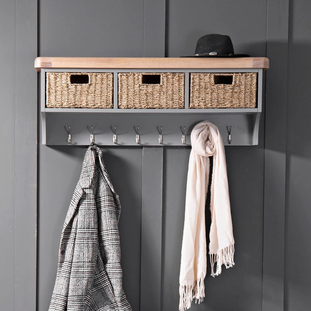 Dorset Storm Grey Painted Oak Large Coat Rack With Wicker Baskets 3 Dorset Storm Grey Painted Oak Large Coat Rack With Wicker Baskets