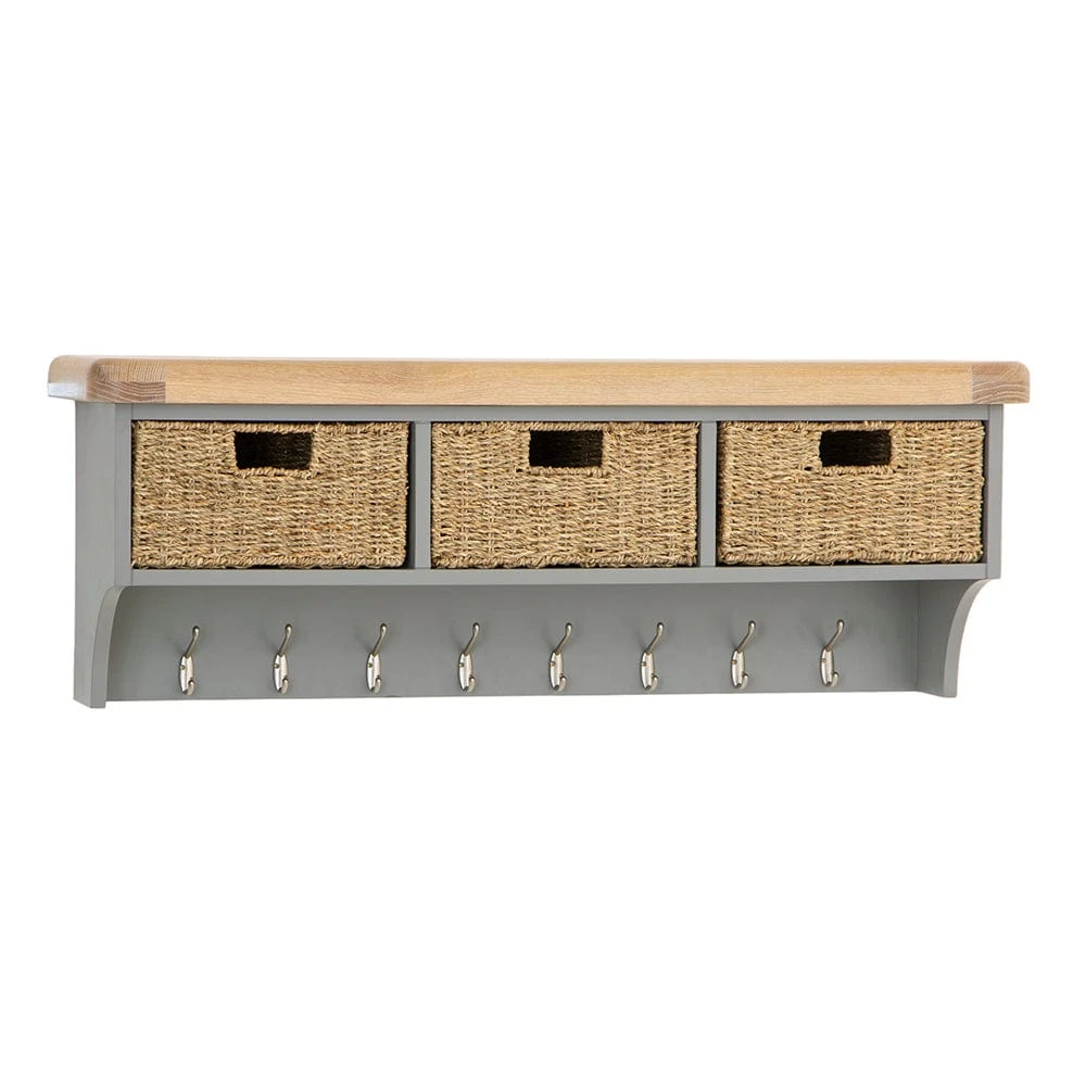 Dorset Storm Grey Painted Oak Large Coat Rack With Wicker Baskets 4 Dorset Storm Grey Painted Oak Large Coat Rack With Wicker Baskets - Image 2