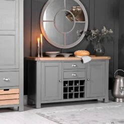 Dorset Storm Grey Painted Oak Large Sideboard Wine Rack