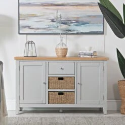 Eaton Grey Painted Oak 2 Door Large Sideboard With Wicker Baskets