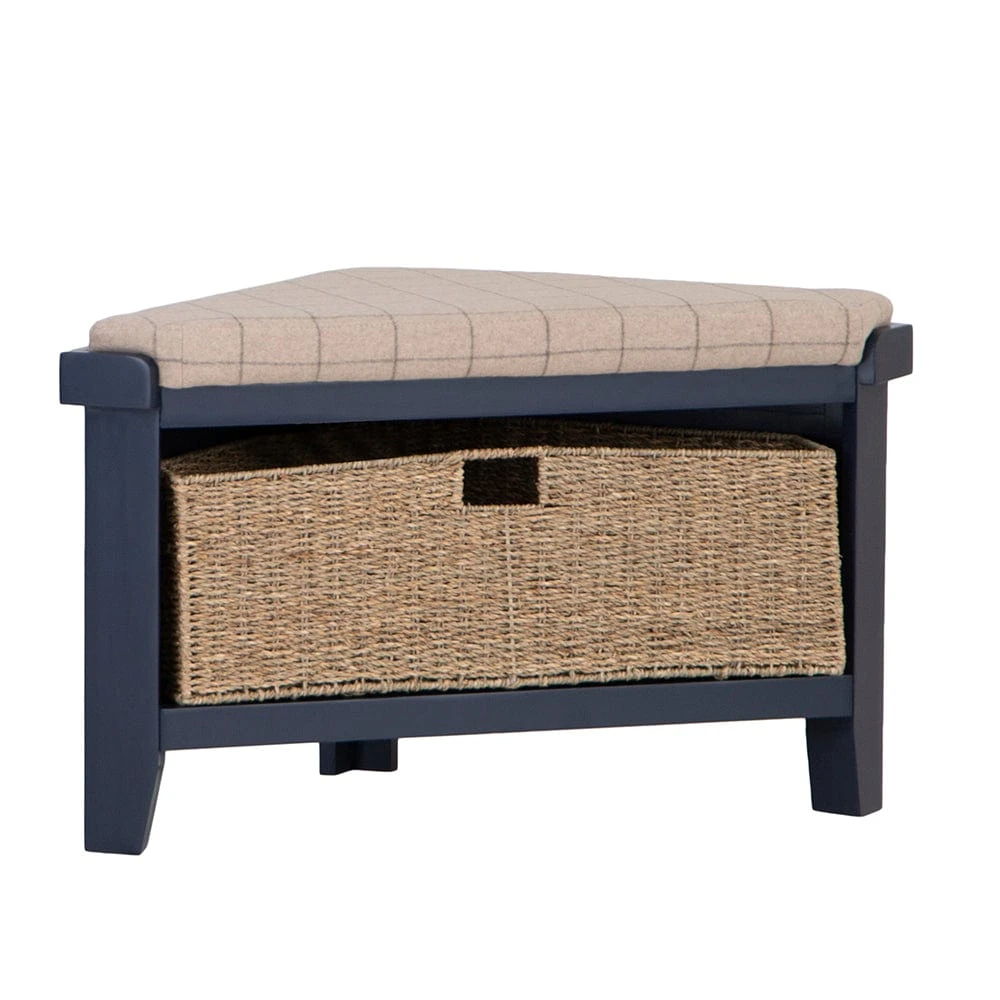 Wessex Smoked Oak Blue Painted Corner Hall Bench With Wicker Basket 4 Wessex Smoked Oak Blue Painted Corner Hall Bench With Wicker Basket - Image 2