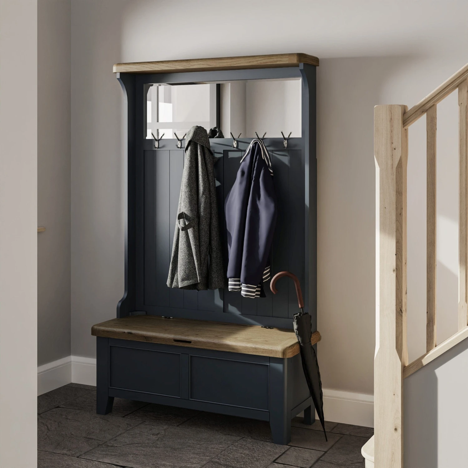 Wessex Smoked Oak Blue Painted Hall Bench Unit 3 Wessex Smoked Oak Blue Painted Hall Bench Unit