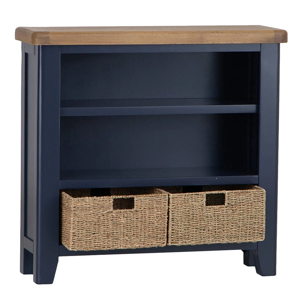 Wessex Smoked Oak Blue Painted Small Bookcase With Wicker Baskets 4 Wessex Smoked Oak Blue Painted Small Bookcase With Wicker Baskets - Image 2