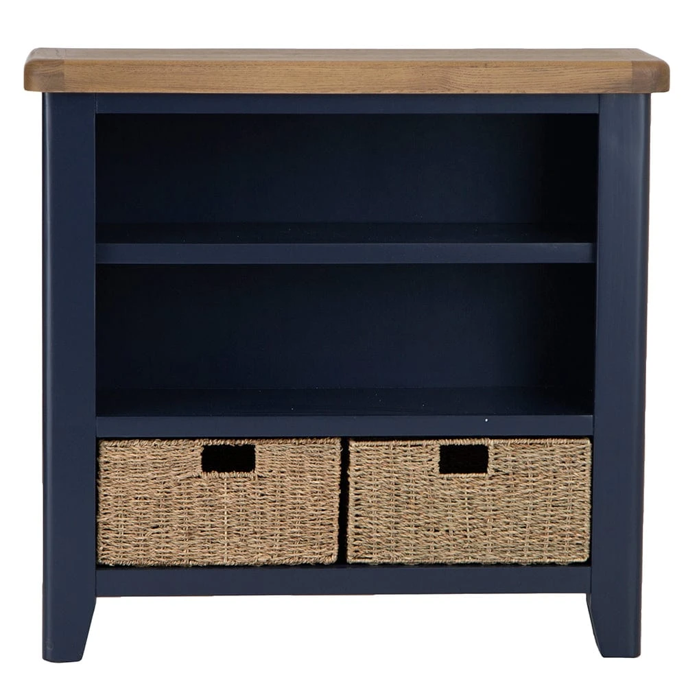 Wessex Smoked Oak Blue Painted Small Bookcase With Wicker Baskets 13 Wessex Smoked Oak Blue Painted Small Bookcase With Wicker Baskets - Image 11