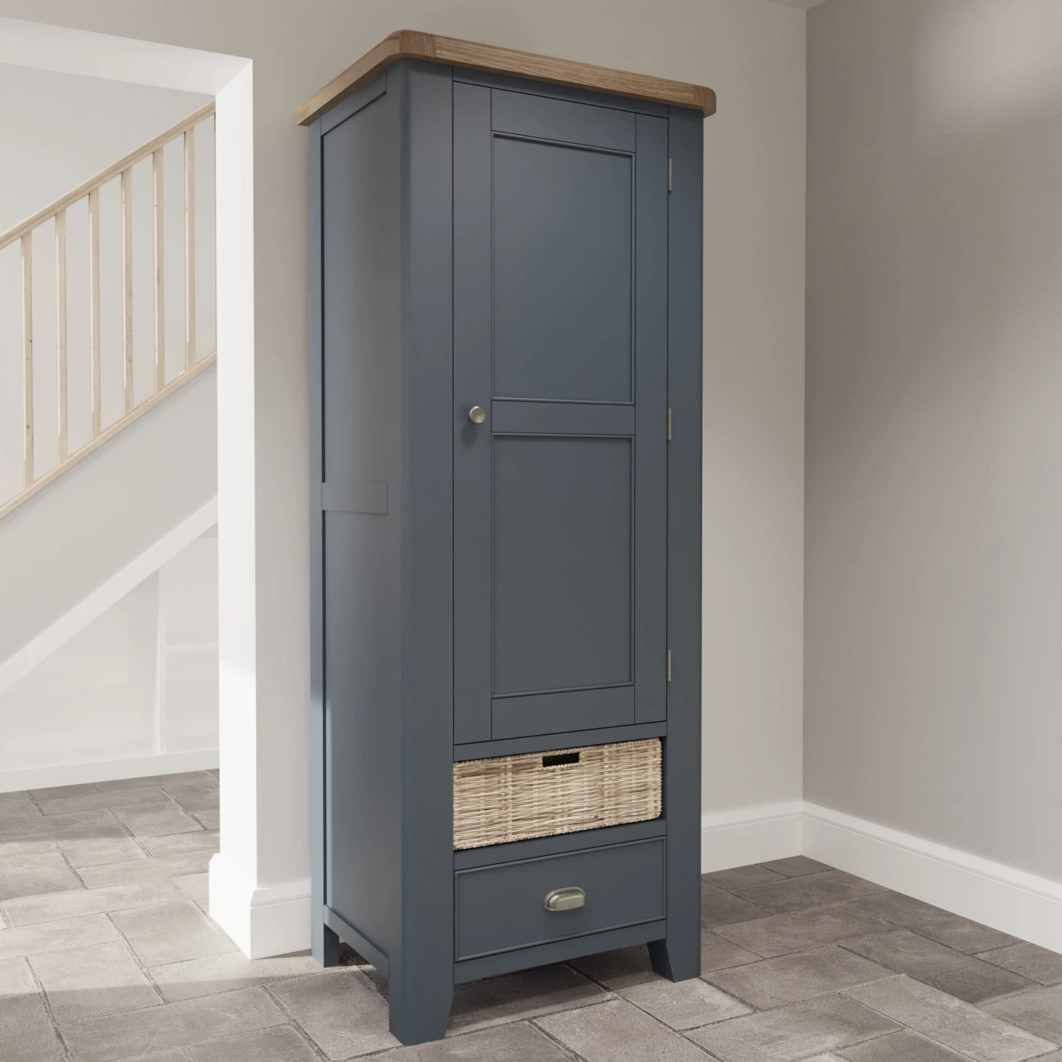 Wessex Smoked Oak Blue Painted Slim Larder Cupboard 3 Wessex Smoked Oak Blue Painted Slim Larder Cupboard