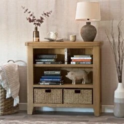 Wessex Smoked Oak Small Bookcase With Wicker Baskets