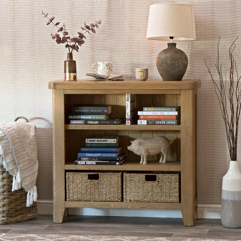Wessex Smoked Oak Small Bookcase With Wicker Baskets 3 Wessex Smoked Oak Small Bookcase With Wicker Baskets