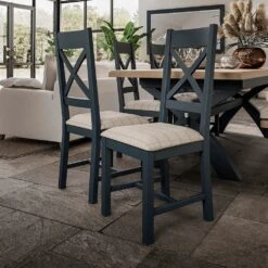 Wessex Smoked Oak Blue Painted Cross Back Dining Chair With Natural Check Seat