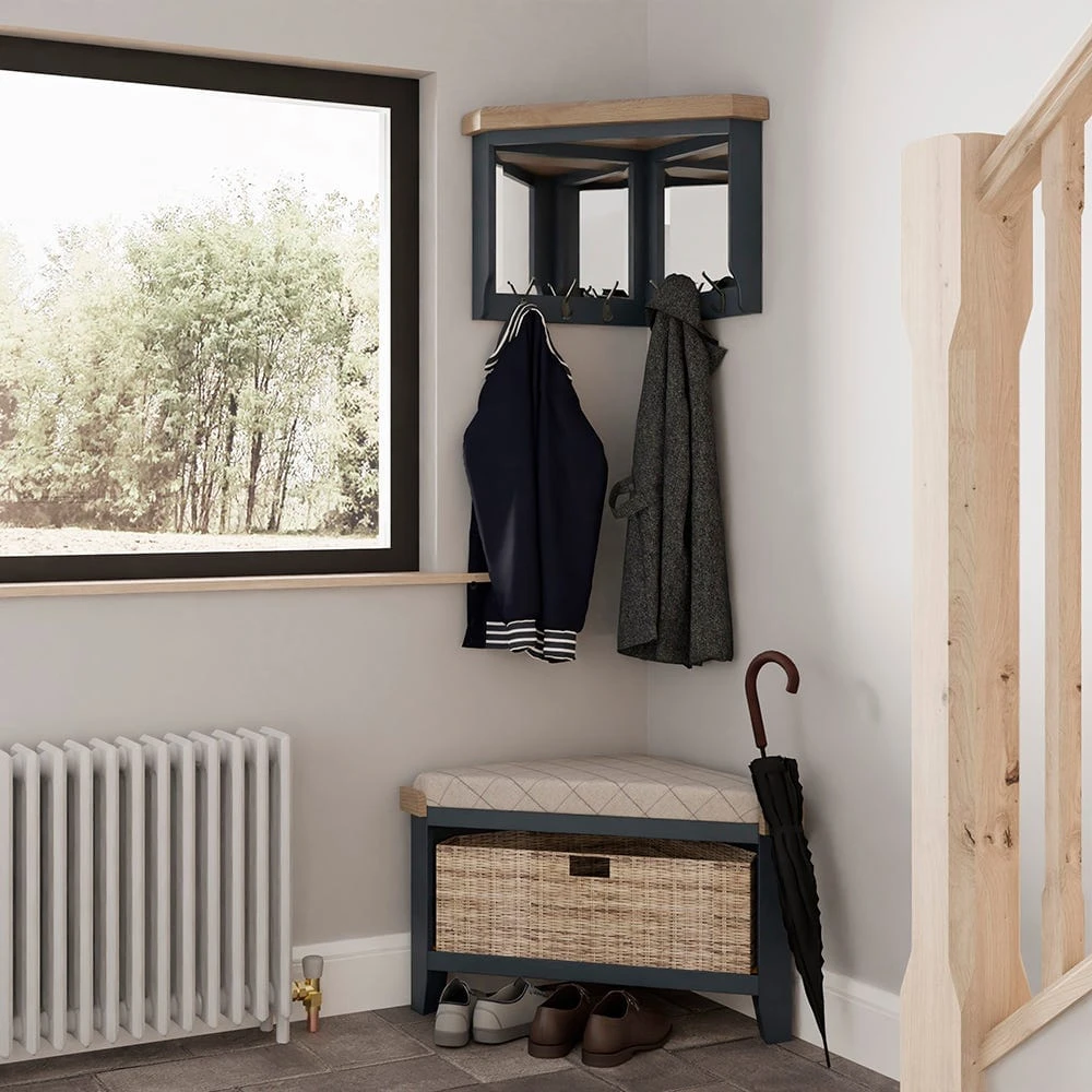 Wessex Smoked Oak Blue Painted Corner Hall Bench With Wicker Basket 3 Wessex Smoked Oak Blue Painted Corner Hall Bench With Wicker Basket