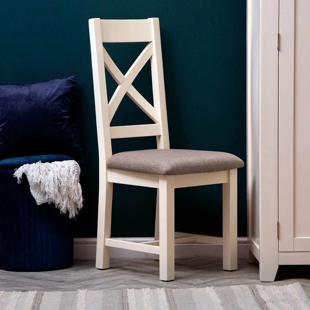 Hampshire Ivory Painted Oak Cross Back Dining Chair Fabric Seat 3 Hampshire Ivory Painted Oak Cross Back Dining Chair Fabric Seat
