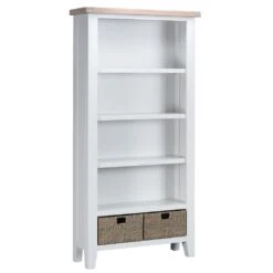 Suffolk White Painted Oak Large Bookcase With Wicker Baskets