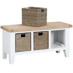 Suffolk White Painted Oak Large Hall Bench With Wicker Baskets -Furniture Sale Shop img 7154