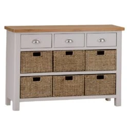 Rutland Painted Oak 3 Drawer 6 Wicker Basket Cabinet -Furniture Sale Shop img 7185123 10