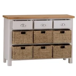 Rutland Painted Oak 3 Drawer 6 Wicker Basket Cabinet -Furniture Sale Shop img 7185123 11