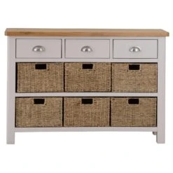 Rutland Painted Oak 3 Drawer 6 Wicker Basket Cabinet -Furniture Sale Shop img 7185123 9