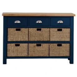 Rutland Blue Painted Oak 3 Drawer 6 Wicker Basket Cabinet -Furniture Sale Shop img 7193