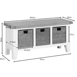 Suffolk White Painted Oak Large Hall Bench With Wicker Baskets -Furniture Sale Shop lhb