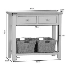 Salisbury Grey Painted Oak Console Table With Wicker Baskets -Furniture Sale Shop lp conb dims 2