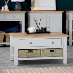 Salisbury Grey Painted Oak Coffee Table With Wicker Baskets