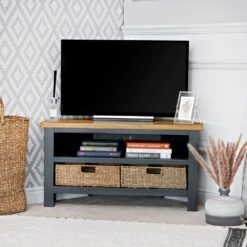 Salisbury Blue Painted Oak Corner TV Unit With Wicker Baskets