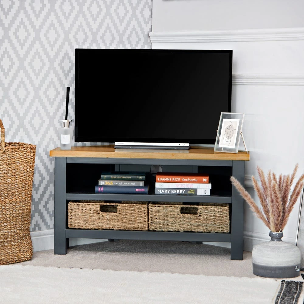 Salisbury Blue Painted Oak Corner TV Unit With Wicker Baskets 3 Salisbury Blue Painted Oak Corner TV Unit With Wicker Baskets