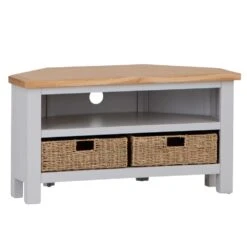 Salisbury Grey Painted Oak Corner TV Unit With Wicker Baskets -Furniture Sale Shop lp ctvb g 1