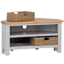 Salisbury Grey Painted Oak Corner TV Unit With Wicker Baskets -Furniture Sale Shop lp ctvb g 2