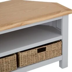 Salisbury Grey Painted Oak Corner TV Unit With Wicker Baskets -Furniture Sale Shop lp ctvb g 6
