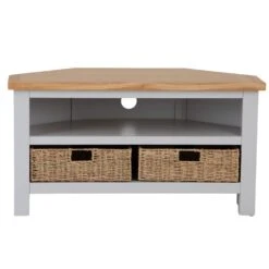 Salisbury Grey Painted Oak Corner TV Unit With Wicker Baskets -Furniture Sale Shop lp ctvb g 7