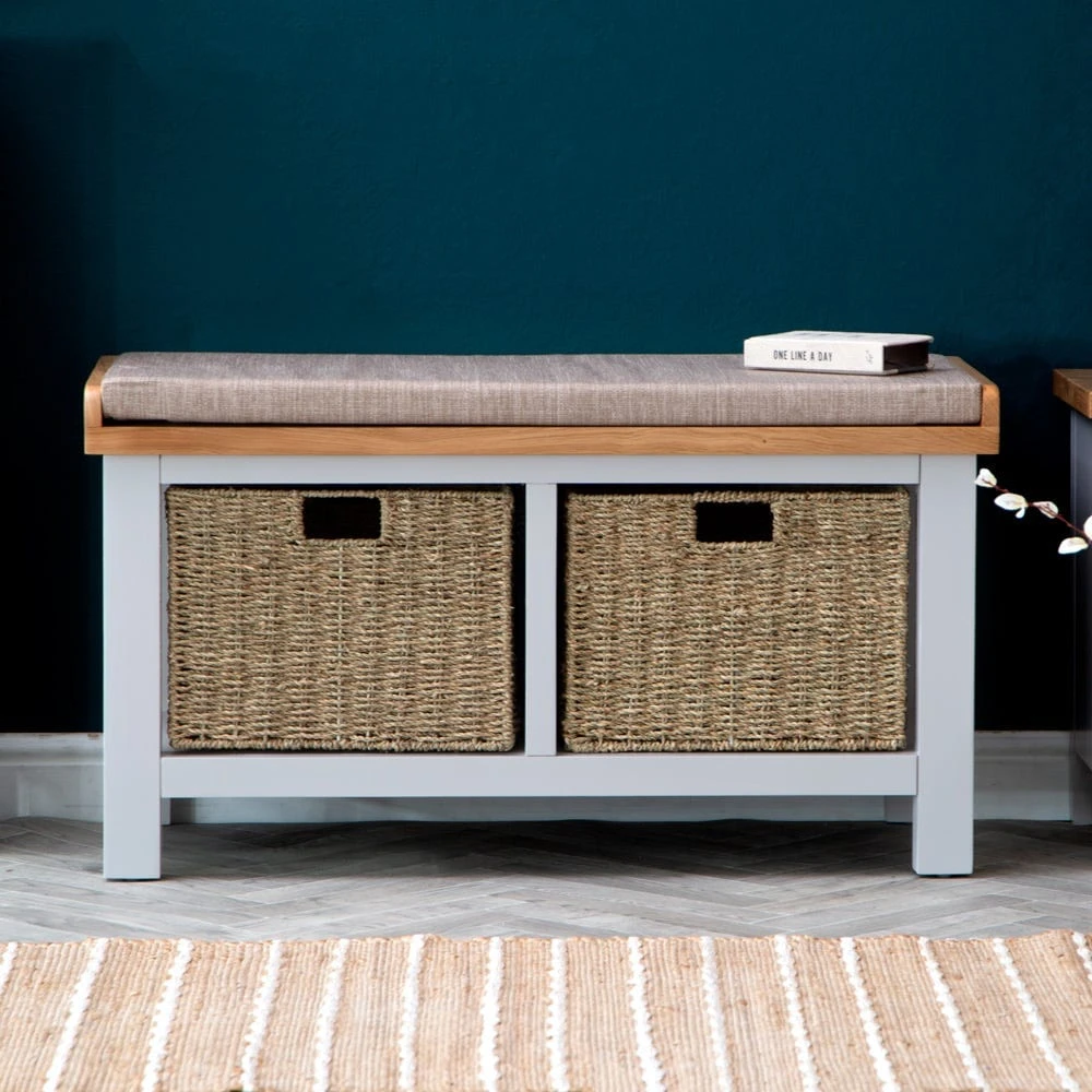 Salisbury Grey Painted Oak Hall Bench With Wicker Baskets 3 Salisbury Grey Painted Oak Hall Bench With Wicker Baskets