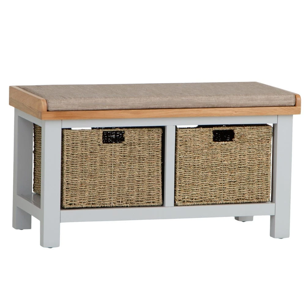 Salisbury Grey Painted Oak Hall Bench With Wicker Baskets 4 Salisbury Grey Painted Oak Hall Bench With Wicker Baskets - Image 2