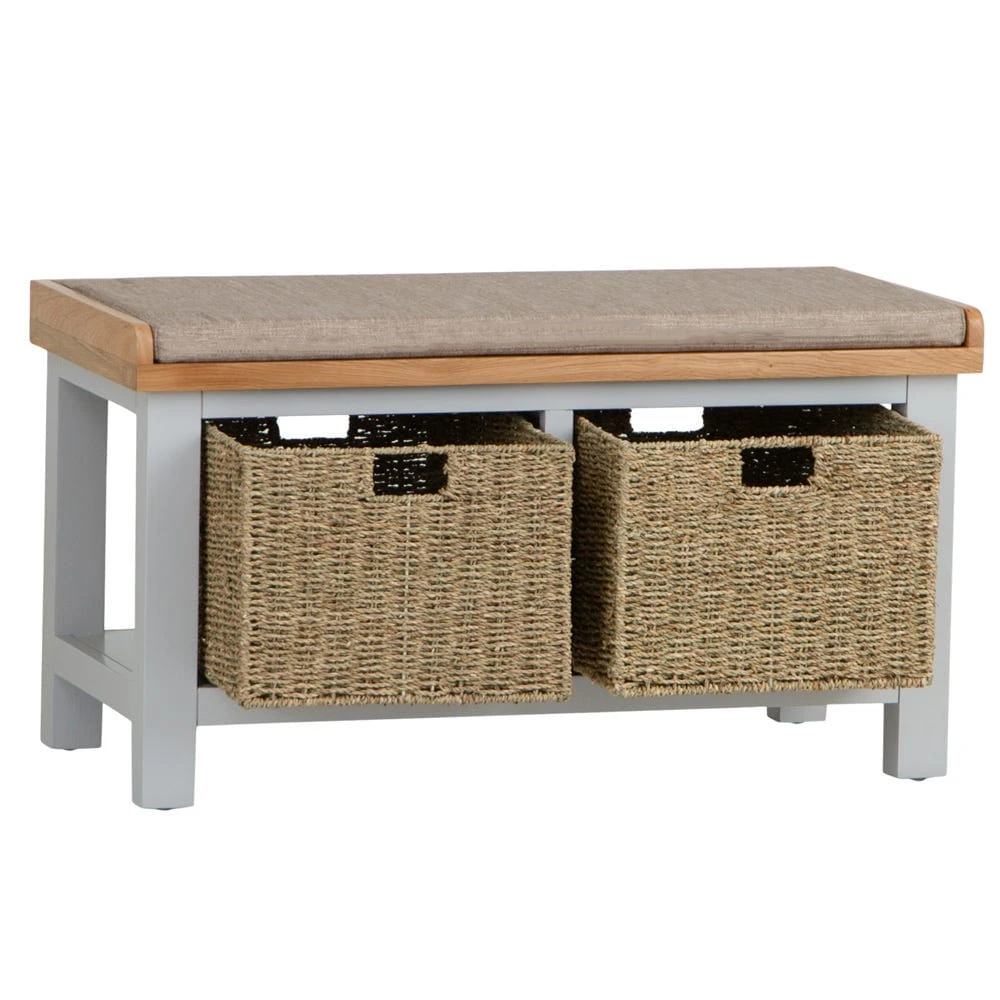 Salisbury Grey Painted Oak Hall Bench With Wicker Baskets 5 Salisbury Grey Painted Oak Hall Bench With Wicker Baskets - Image 3