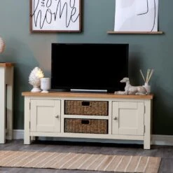 Salisbury Ivory Painted Oak Large TV Unit With Wicker Baskets