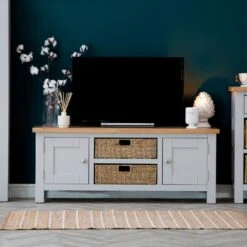 Salisbury Grey Painted Oak Large TV Unit With Wicker Baskets