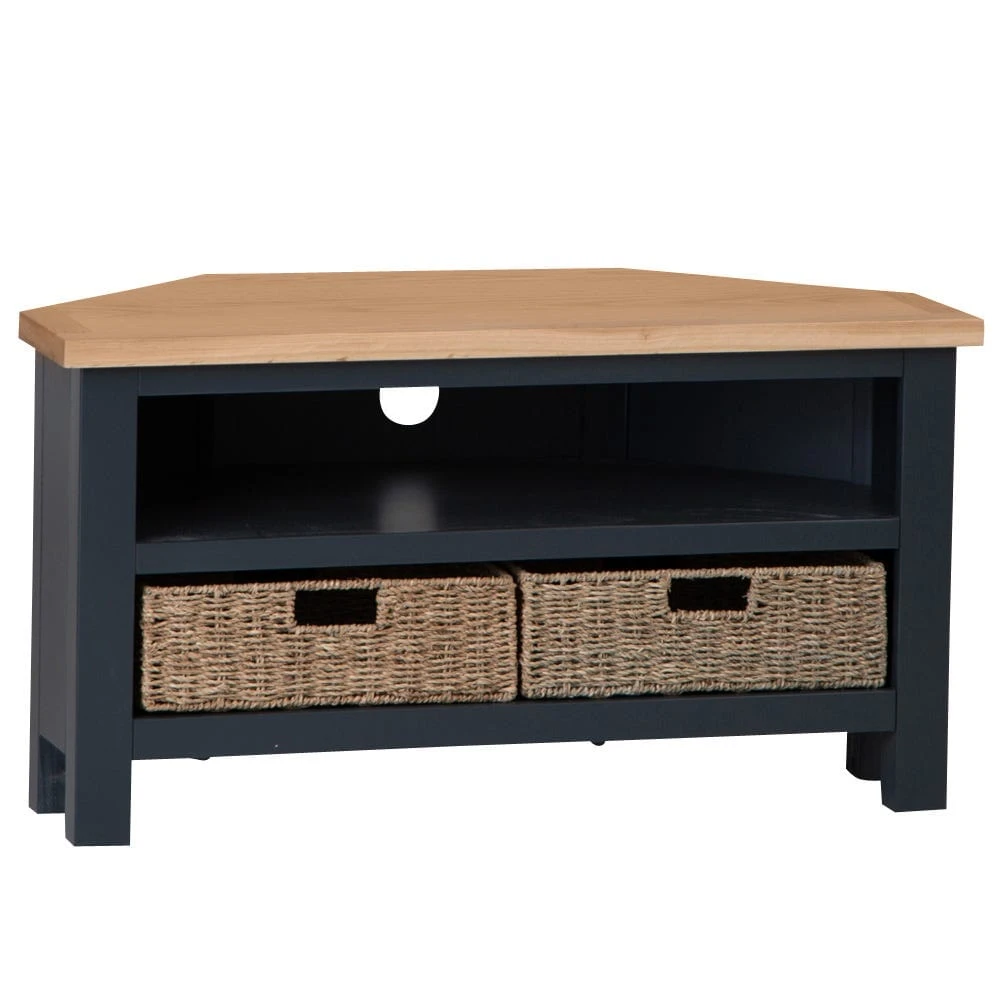 Salisbury Blue Painted Oak Corner TV Unit With Wicker Baskets 4 Salisbury Blue Painted Oak Corner TV Unit With Wicker Baskets - Image 2