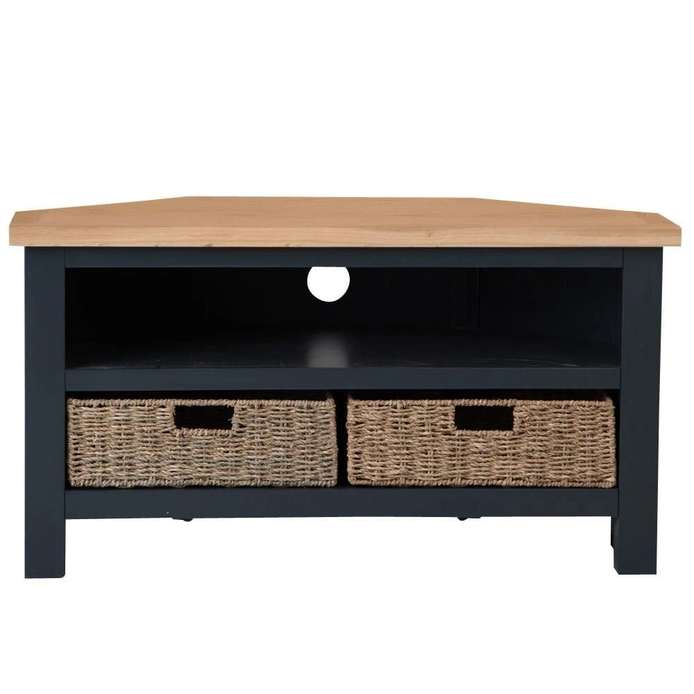 Salisbury Blue Painted Oak Corner TV Unit With Wicker Baskets 13 Salisbury Blue Painted Oak Corner TV Unit With Wicker Baskets - Image 11