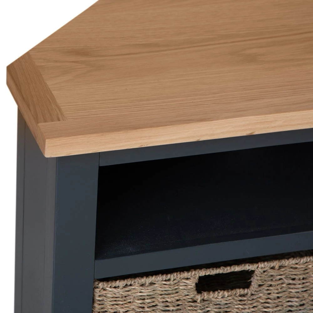 Salisbury Blue Painted Oak Corner TV Unit With Wicker Baskets 6 Salisbury Blue Painted Oak Corner TV Unit With Wicker Baskets - Image 4