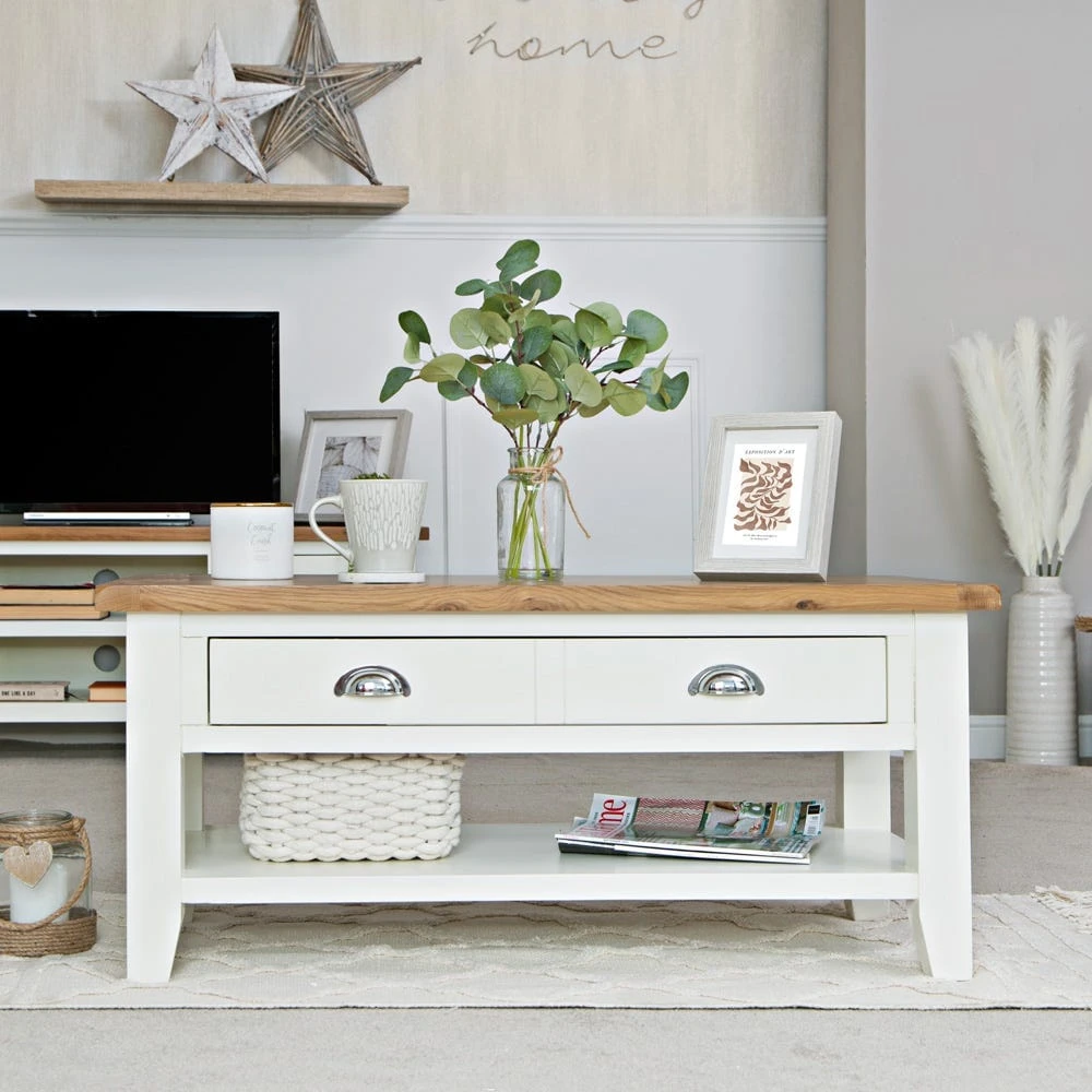 Chester White Painted Oak Coffee Table With Drawers 3 Chester White Painted Oak Coffee Table With Drawers