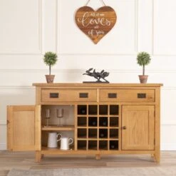 Rustic Oak 2 Door Large Sideboard With Wine Rack